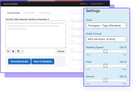 Interface do SpeechMaker mostrando opções de áudio, incluindo voz e configurações de download.